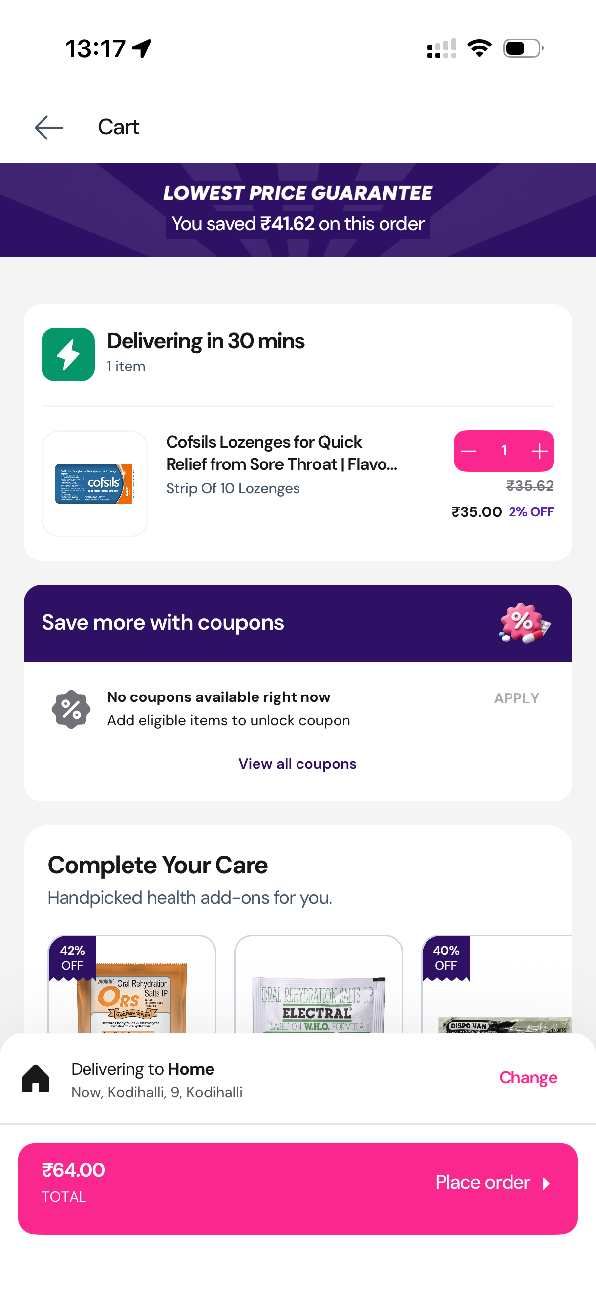 Plazza cart screen showing items, savings, and place order