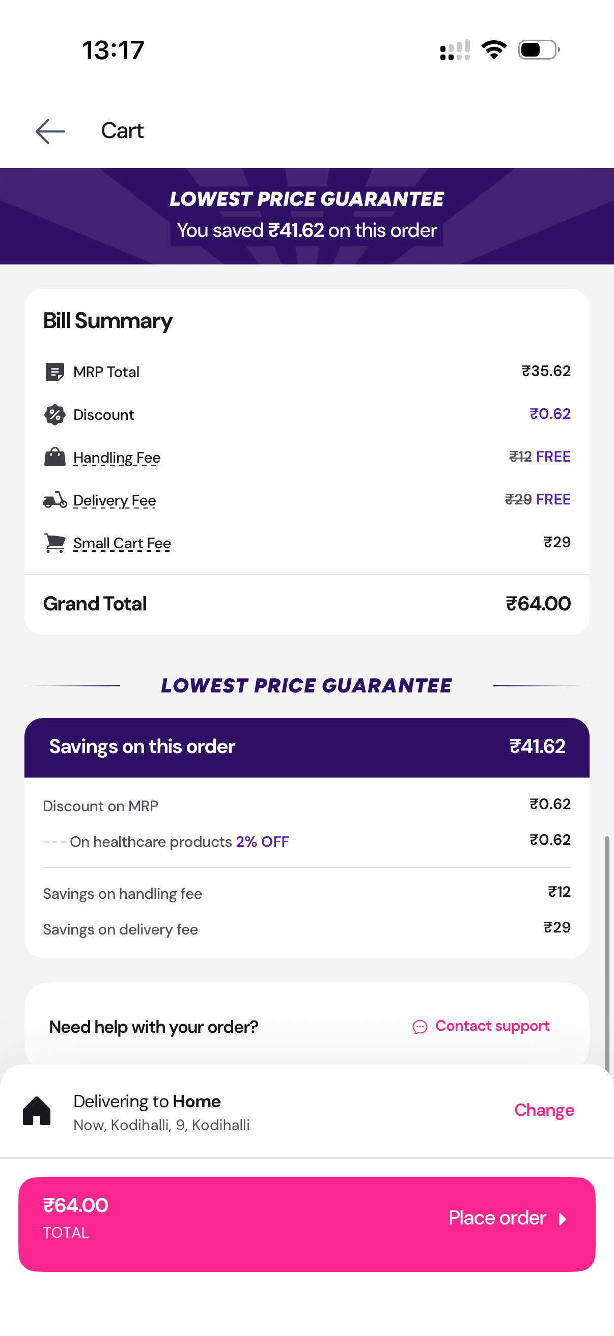 Plazza checkout bill summary with delivery address and order total