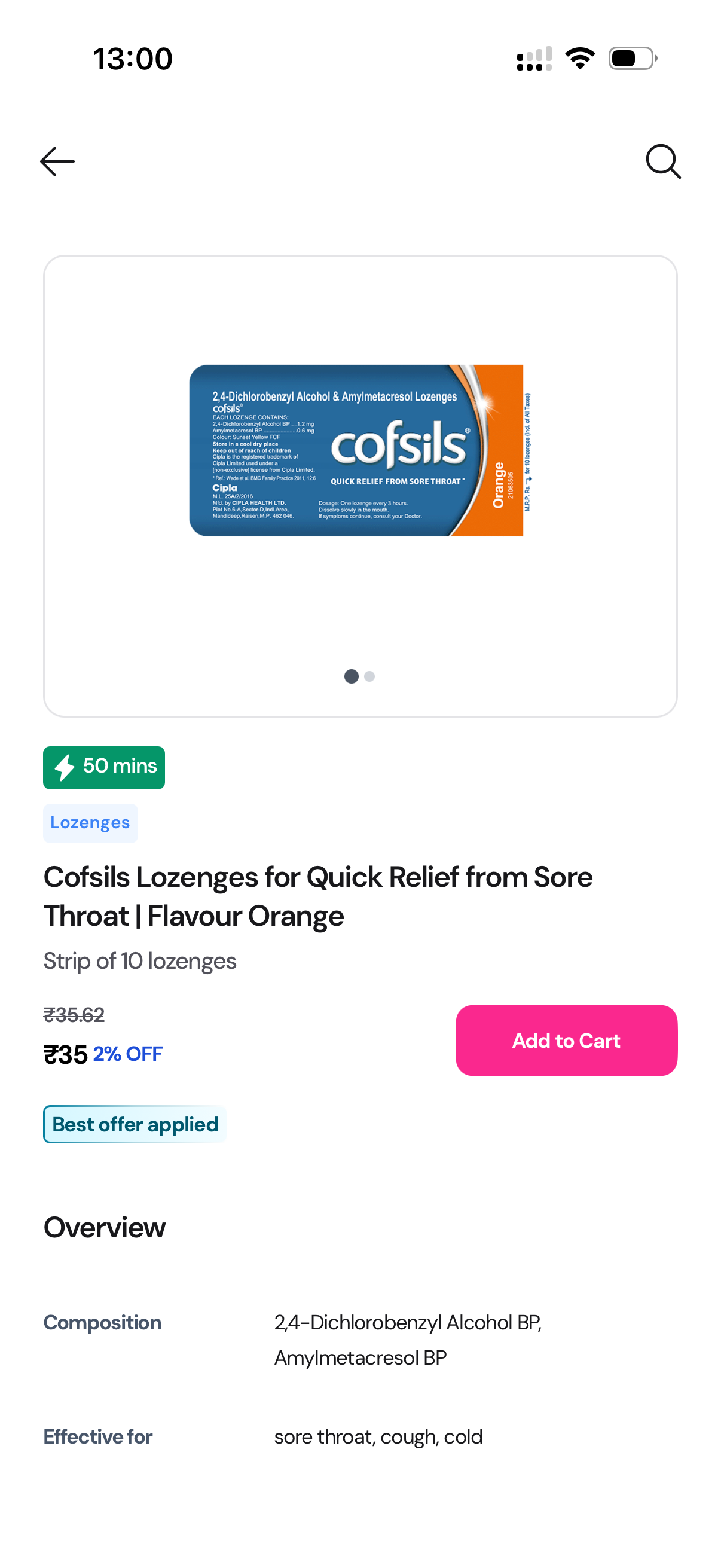 Plazza medicine details screen for Cofsils lozenges with pricing and add to cart