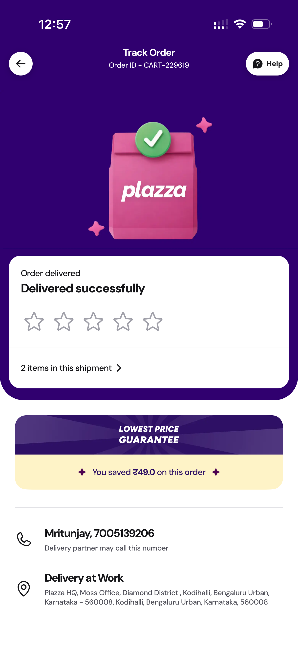 Plazza order tracking screen showing successful delivery