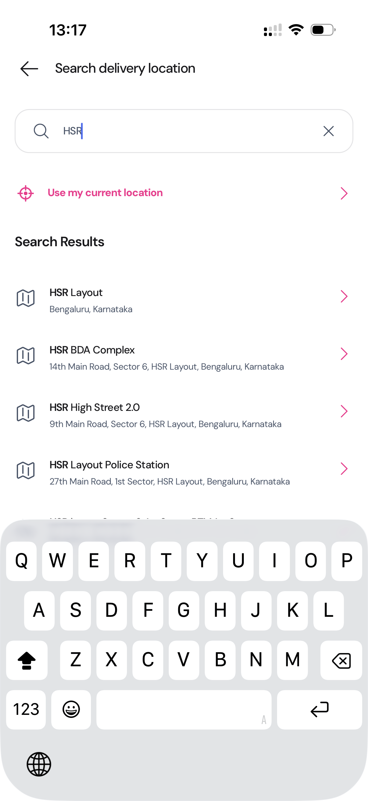 Plazza search screen for finding a delivery location